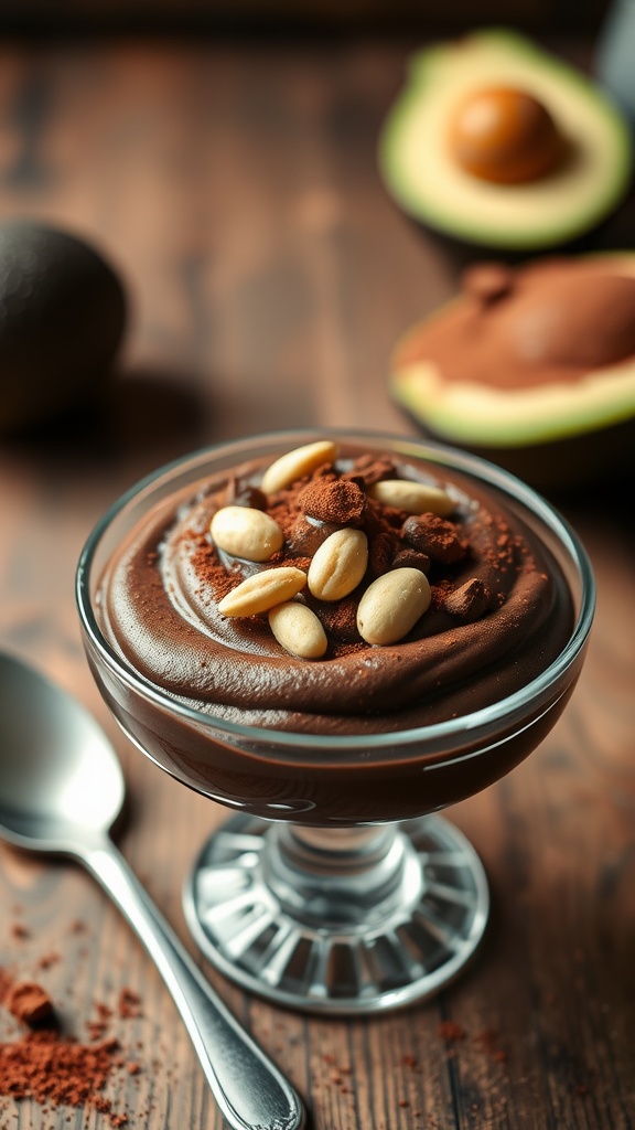 A bowl of chocolate avocado mousse garnished with cocoa powder and peanuts, set on a rustic table.